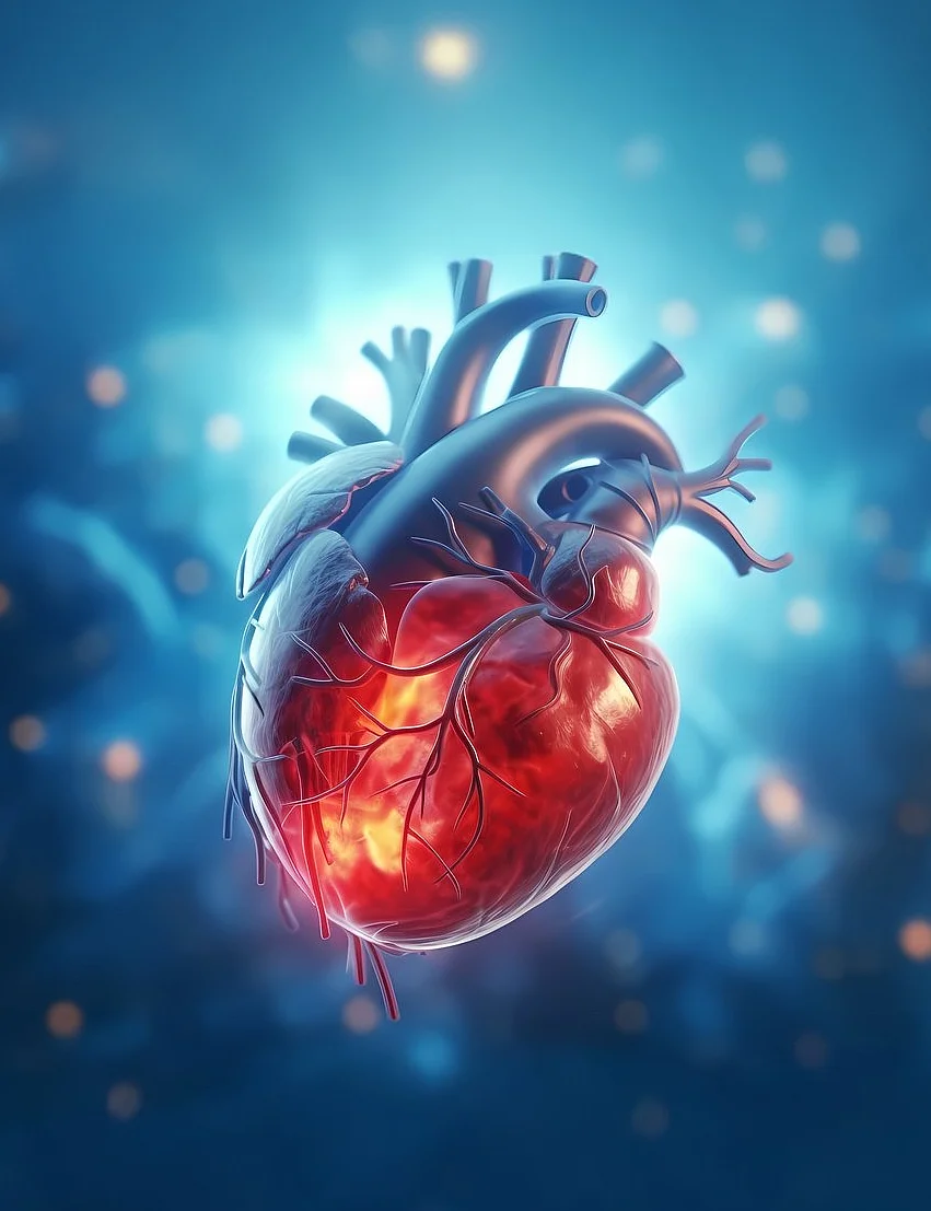 3D Render eines anatomischen, menschlichen Herzens vor einem abstrakten, medizinischen Hintergrund