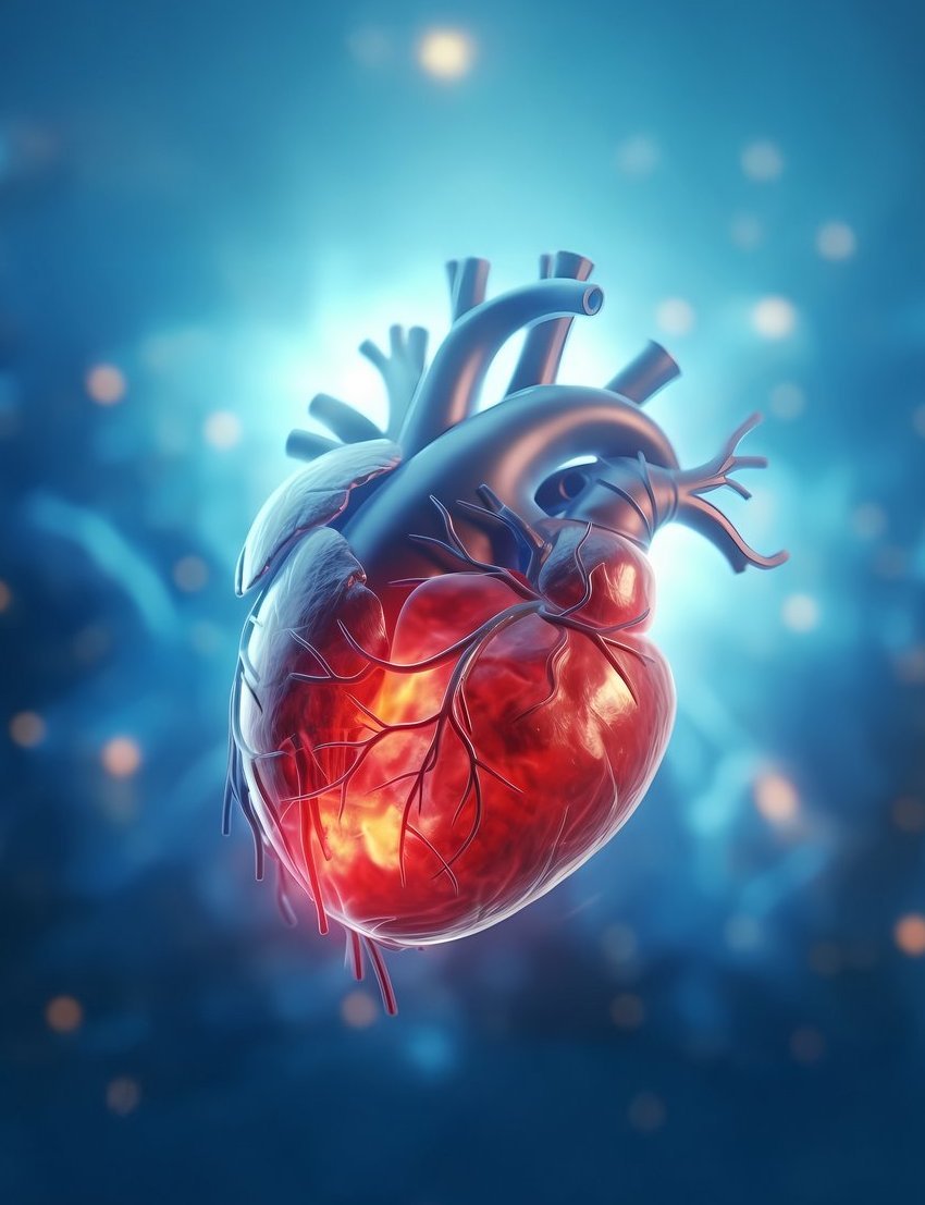3D Render eines anatomischen, menschlichen Herzens vor einem abstrakten, medizinischen Hintergrund