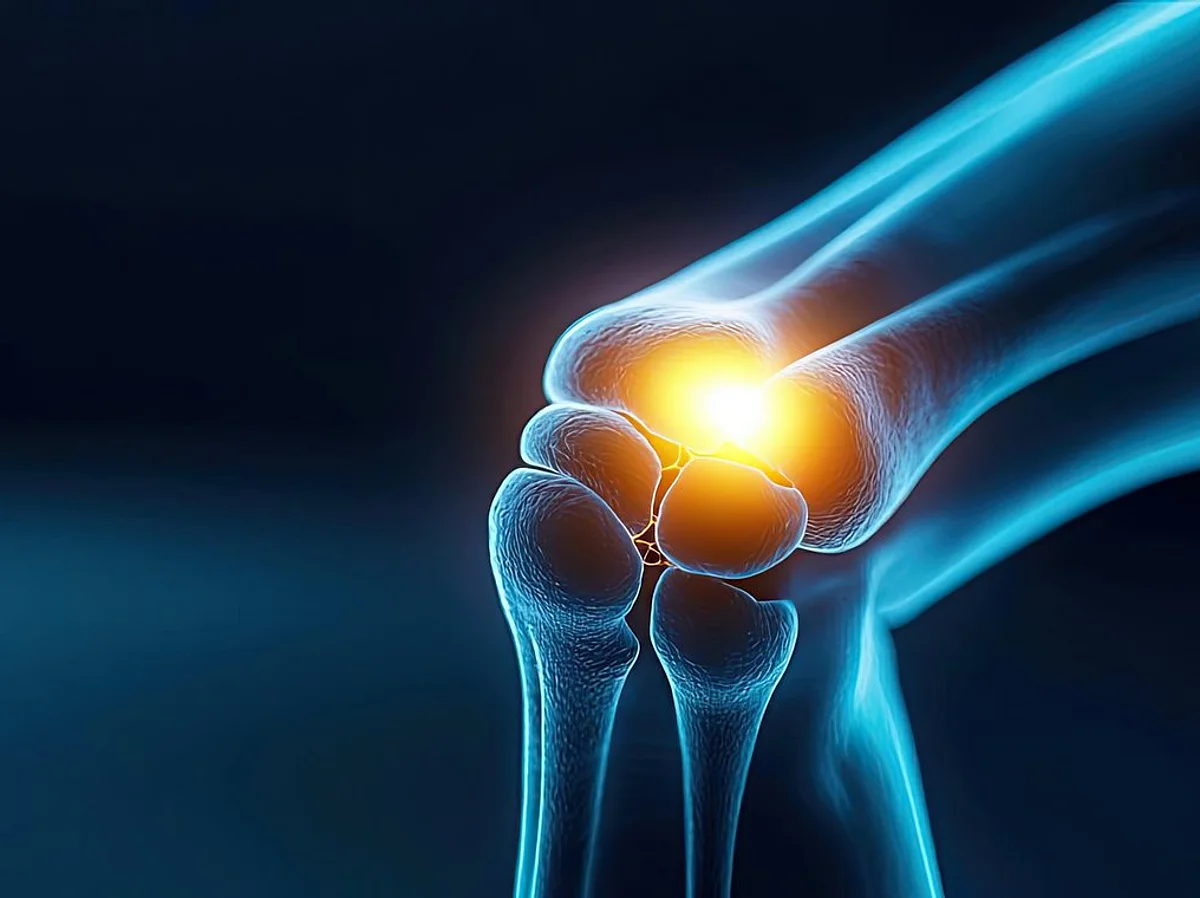 Arthritis disease idea. A detailed illustration of a knee joint illustrating health and medical concepts.