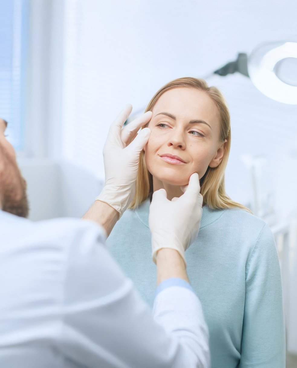 Ein Arzt untersucht das Gesicht einer Patientin – möglicherweise im Rahmen einer ästhetischen oder dermatologischen Behandlung.