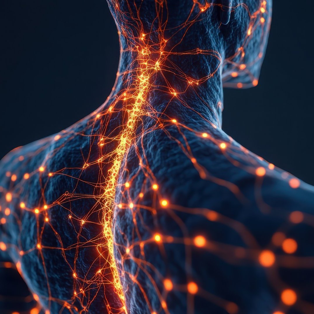 Realistic Human Silhouette with Glowing Nerves Illustration on Dark Background