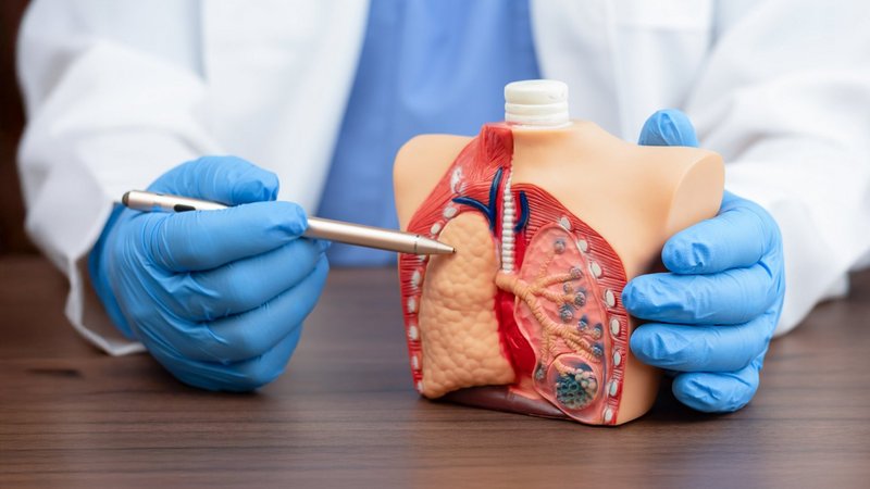 Ein Pneumologe erklärt Lungenerkrankungen anhand eines anatomischen Modells, das die Alveolen zeigt. Medizinische Konzepte von Lungenkrebs, pulmonaler alveolärer Proteinosis und Lungenschäden.