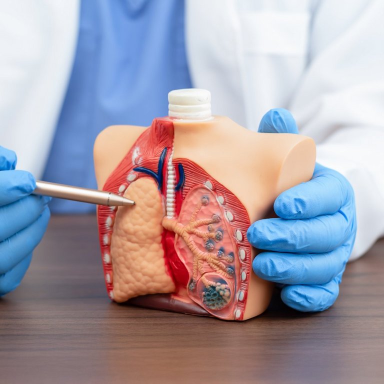 Ein Pneumologe erklärt Lungenerkrankungen anhand eines anatomischen Modells, das die Alveolen zeigt. Medizinische Konzepte von Lungenkrebs, pulmonaler alveolärer Proteinosis und Lungenschäden.