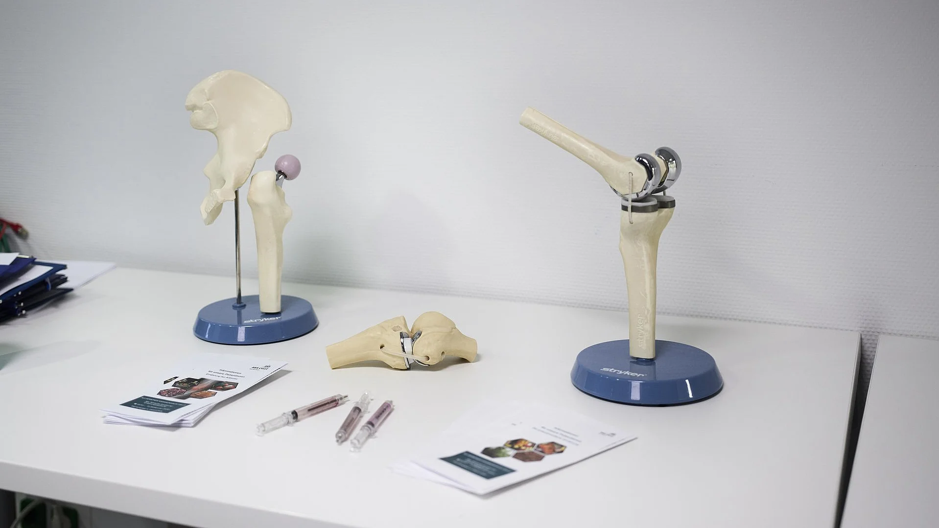 Anatomische Gelenkmodelle und Schulungsmaterialien auf einem Tisch im Seminarraum.