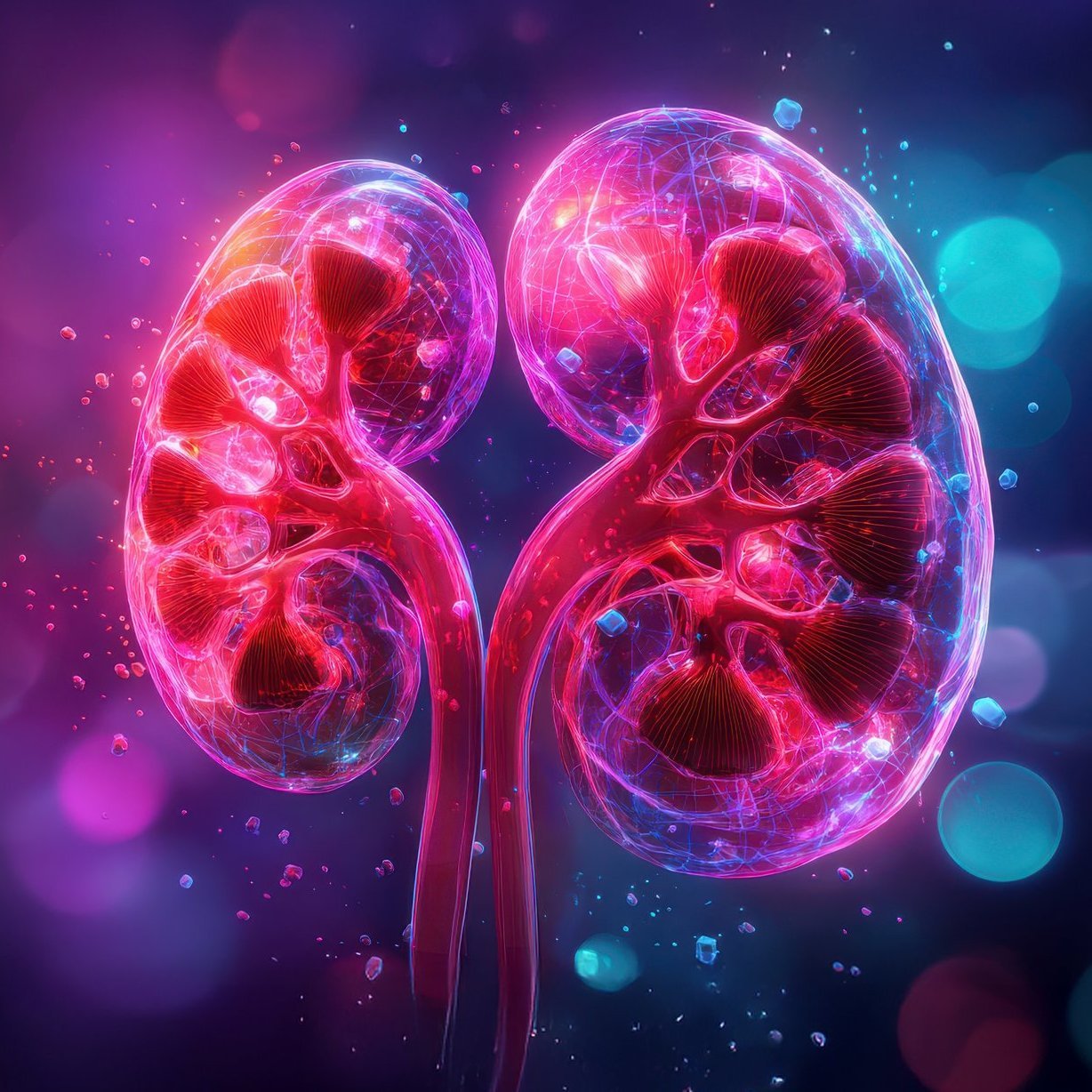 A vibrant and detailed 3D kidney glowing in intense red and mage
